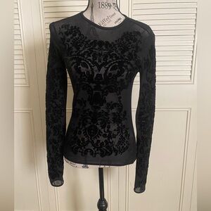 Gina Tricot black sheer mesh velvet velveteen  damask burnout long sleeve blouse
